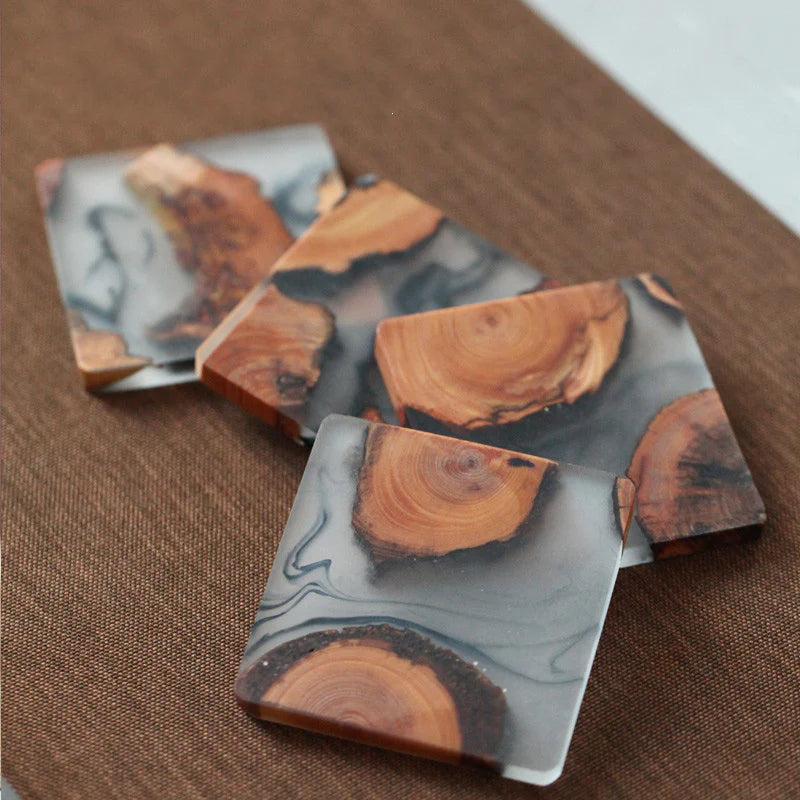 Artisanal Torreya Wood & Resin Coaster Set
