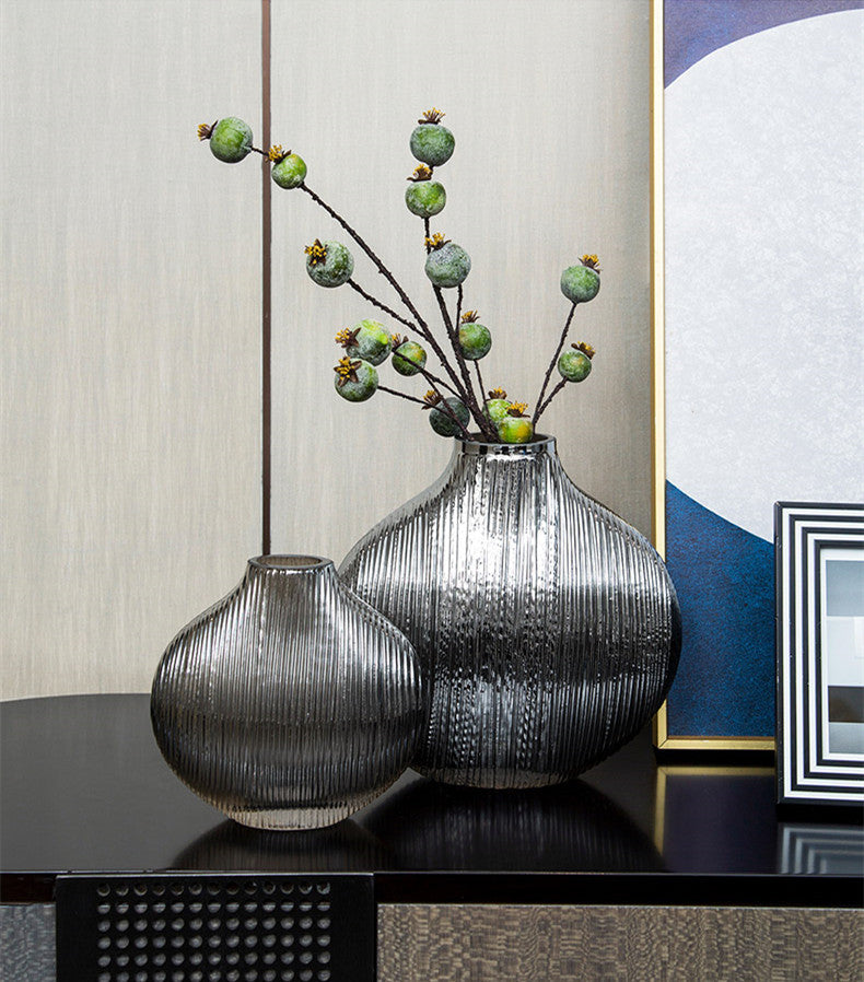 Metallic Ripple Silver Striped Glass Vase Collection