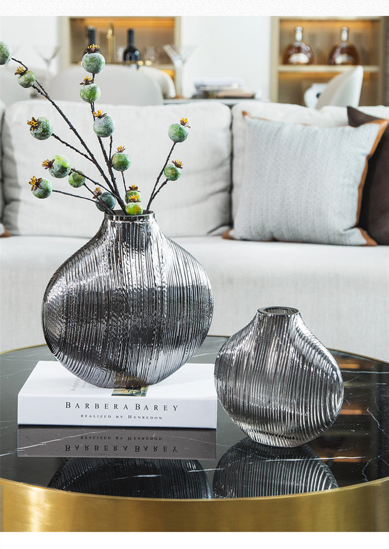 Metallic Ripple Silver Striped Glass Vase Collection