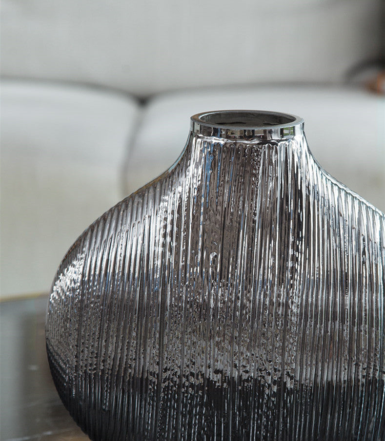 Metallic Ripple Silver Striped Glass Vase Collection